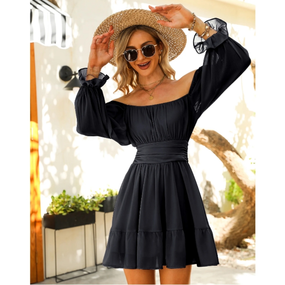 Exlura Tie Elastic Back Black Square Neck Balloon Sleeves Dress M